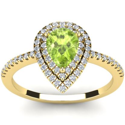 1 Carat Pear Shape Peridot and Double Halo Diamond Ring In 14 Karat Yellow Gold