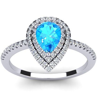 1 1/5 Carat Pear Shape Blue Topaz and Double Halo Diamond Ring In 14 Karat White Gold