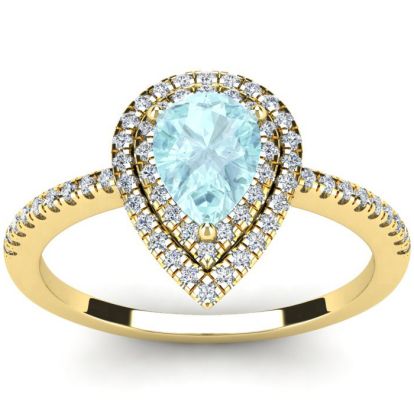 Aquamarine Ring: Aquamarine Jewelry: 1 Carat Pear Shape Aquamarine and Double Halo Diamond Ring In 14 Karat Yellow Gold
