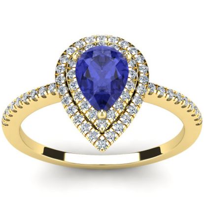 1 Carat Pear Shape Tanzanite and Double Halo Diamond Ring In 14 Karat Yellow Gold