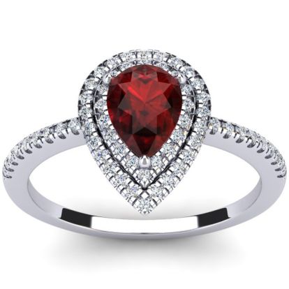 Garnet Ring: Garnet Jewelry: 1 1/5 Carat Pear Shape Garnet and Double Halo Diamond Ring In 14 Karat White Gold