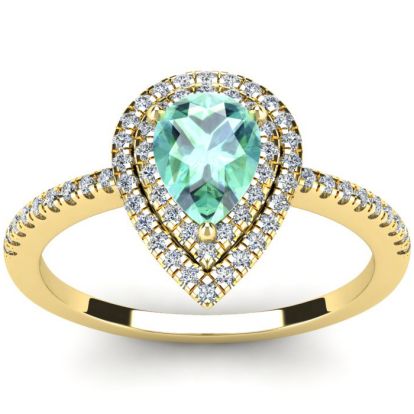 1 Carat Pear Shape Green Amethyst and Double Halo Diamond Ring In 14 Karat Yellow Gold