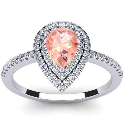 1 Carat Pear Shape Morganite and Double Halo Diamond Ring In 14 Karat White Gold
