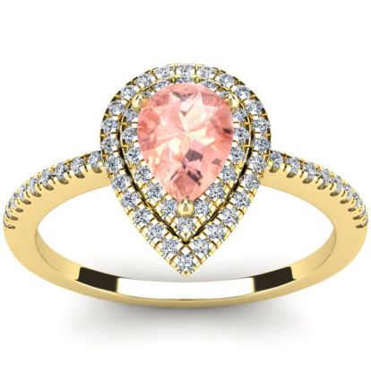 1 Carat Pear Shape Morganite and Double Halo Diamond Ring In 14 Karat Yellow Gold