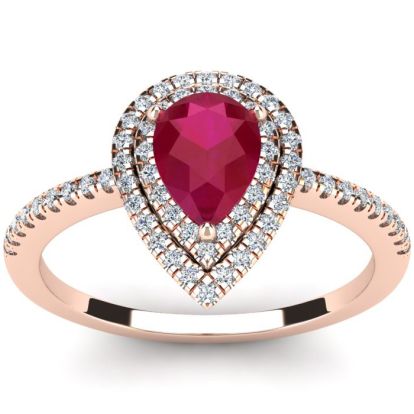 1 Carat Pear Shape Ruby and Double Halo Diamond Ring In 14 Karat Rose Gold