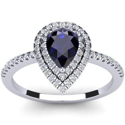 1 Carat Pear Shape Sapphire and Double Halo Diamond Ring In 14 Karat White Gold