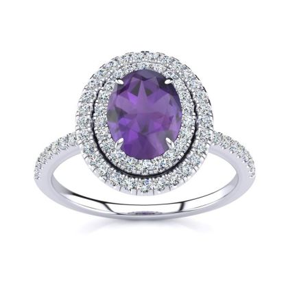 1 1/2 Carat Oval Shape Amethyst and Double Halo Diamond Ring In 14 Karat White Gold