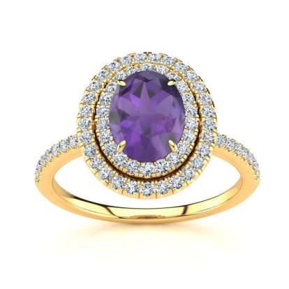 1 1/2 Carat Oval Shape Amethyst and Double Halo Diamond Ring In 14 Karat Yellow Gold