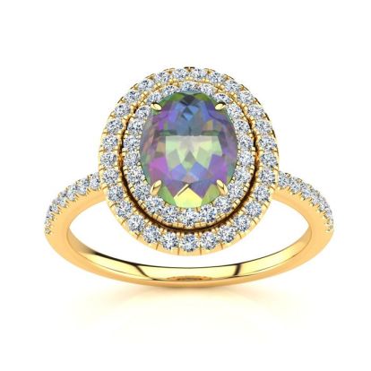 1-3/4 Carat Oval Shape Mystic Topaz Ring With Double Diamond Halo In 14 Karat Yellow Gold