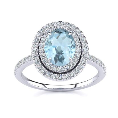 Aquamarine Ring: Aquamarine Jewelry: 1 1/2 Carat Oval Shape Aquamarine and Double Halo Diamond Ring In 14 Karat White Gold