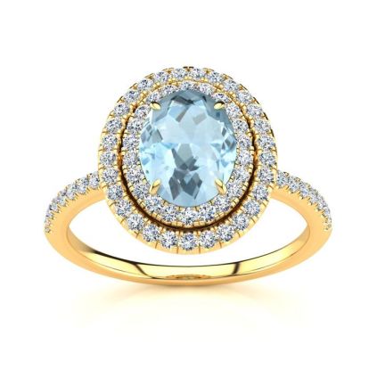 Aquamarine Ring: Aquamarine Jewelry: 1 1/2 Carat Oval Shape Aquamarine and Double Halo Diamond Ring In 14 Karat Yellow Gold