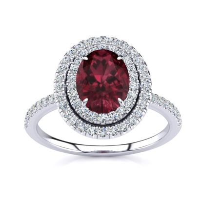 Garnet Ring: Garnet Jewelry: 1 3/4 Carat Oval Shape Garnet and Double Halo Diamond Ring In 14 Karat White Gold