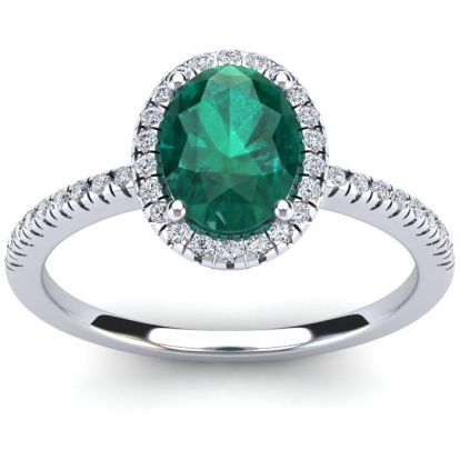 1 1/3 Carat Oval Shape Emerald and Halo Diamond Ring In 14 Karat White Gold