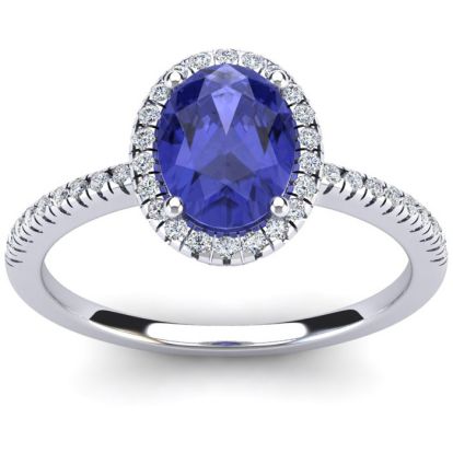 1 1/2 Carat Oval Shape Tanzanite and Halo Diamond Ring In 14 Karat White Gold