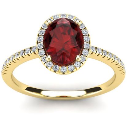 Garnet Ring: Garnet Jewelry: 1 3/4 Carat Oval Shape Garnet and Halo Diamond Ring In 14 Karat Yellow Gold
