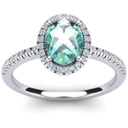 1 1/4 Carat Oval Shape Green Amethyst and Halo Diamond Ring In 14 Karat White Gold