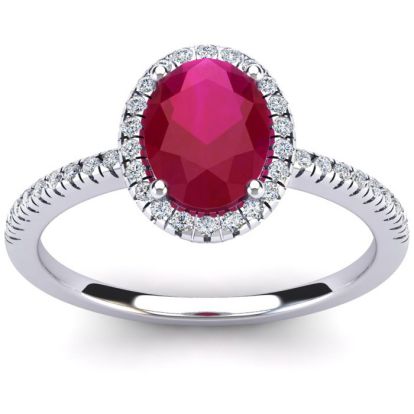 1 3/4 Carat Oval Shape Ruby and Halo Diamond Ring In 14 Karat White Gold