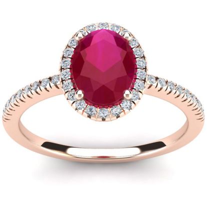 1 3/4 Carat Oval Shape Ruby and Halo Diamond Ring In 14 Karat Rose Gold