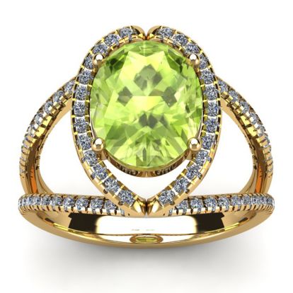 3 Carat Oval Shape Peridot and Halo Diamond Ring In 14 Karat Yellow Gold