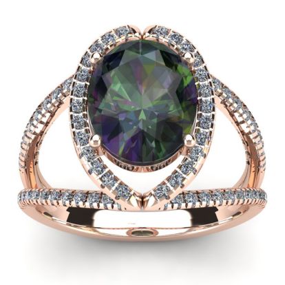 3 Carat Oval Shape Mystic Topaz Ring With Fancy Diamond Halo In 14 Karat Rose Gold