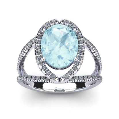 Aquamarine Ring: Aquamarine Jewelry: 2 3/4 Carat Oval Shape Aquamarine and Halo Diamond Ring In 14 Karat White Gold