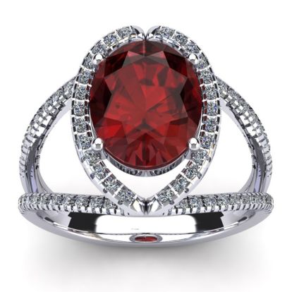 Garnet Ring: Garnet Jewelry: 3 1/2 Carat Oval Shape Garnet and Halo Diamond Ring In 14 Karat White Gold