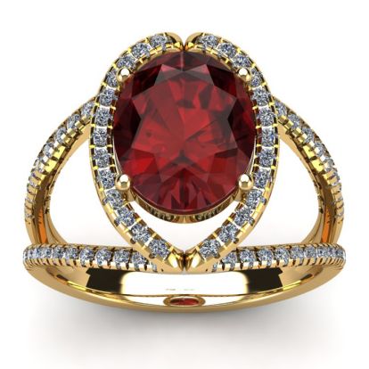 Garnet Ring: Garnet Jewelry: 3 1/2 Carat Oval Shape Garnet and Halo Diamond Ring In 14 Karat Yellow Gold