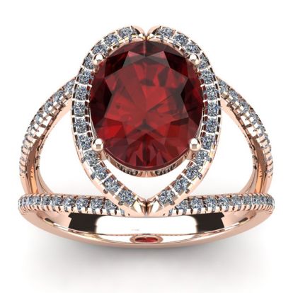 Garnet Ring: Garnet Jewelry: 3 1/2 Carat Oval Shape Garnet and Halo Diamond Ring In 14 Karat Rose Gold