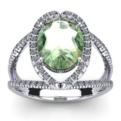 3 Carat Oval Shape Green Amethyst and Halo Diamond Ring In 14 Karat White Gold