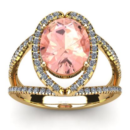2-3/4 Carat Oval Shape Morganite and Halo Diamond Ring In 14 Karat Yellow Gold