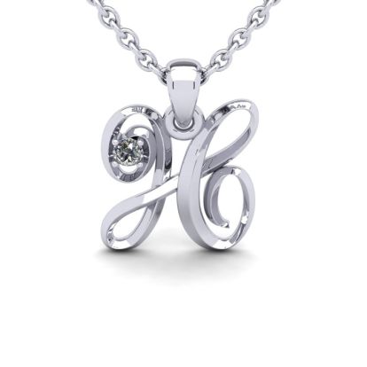 Letter H Diamond Initial Necklace In Sterling Silver With Free Chain
