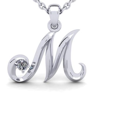 Letter M Diamond Initial Necklace In White Gold With Free Chain