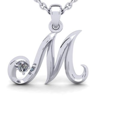 Letter M Diamond Initial Necklace In Sterling Silver With Free Chain