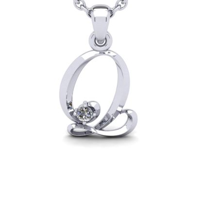 Letter Q Diamond Initial Necklace In Sterling Silver With Free Chain