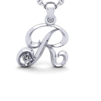 Letter R Diamond Initial Necklace In White Gold With Free Chain