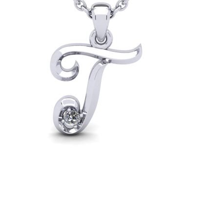 Letter T Diamond Initial Necklace In White Gold With Free Chain