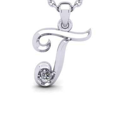 Letter T Diamond Initial Necklace In Sterling Silver With Free Chain