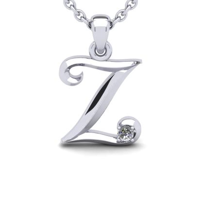 Letter Z Diamond Initial Necklace In Sterling Silver With Free Chain