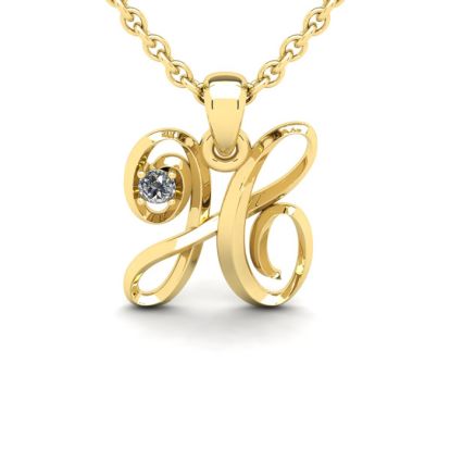 Letter H Diamond Initial Necklace In Yellow Gold With Free Chain