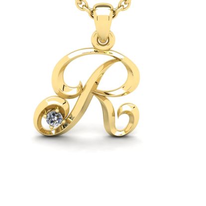 Letter R Diamond Initial Necklace In Yellow Gold With Free Chain