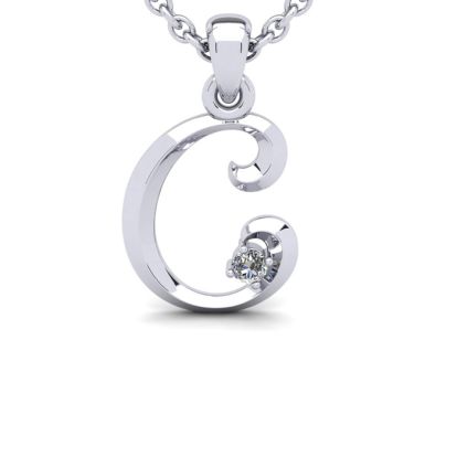 Letter C Diamond Initial Necklace In 14 Karat White Gold With Free Chain