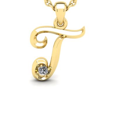 Letter T Diamond Initial Necklace In 14 Karat Yellow Gold With Free Chain