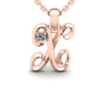 Letter X Diamond Initial Necklace In 14 Karat Rose Gold With Free Chain