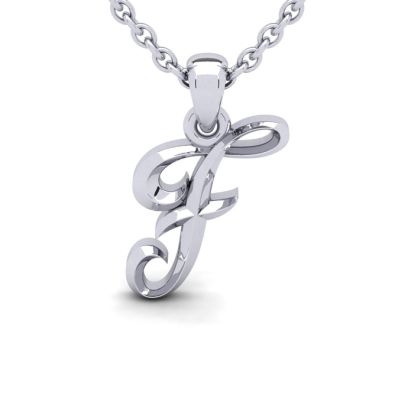 Letter F Swirly Initial Necklace In Sterling Silver With Free 18 Inch Cable Chain