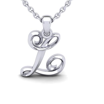 Letter L Swirly Initial Necklace In Heavy White Gold With Free 18 Inch Cable Chain