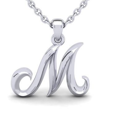 Letter M Swirly Initial Necklace In Sterling Silver With Free 18 Inch Cable Chain