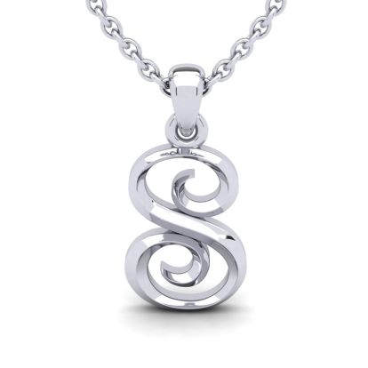 Letter S Swirly Initial Necklace In Sterling Silver With Free 18 Inch Cable Chain