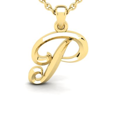 Letter P Swirly Initial Necklace In Heavy Yellow Gold With Free 18 Inch Cable Chain