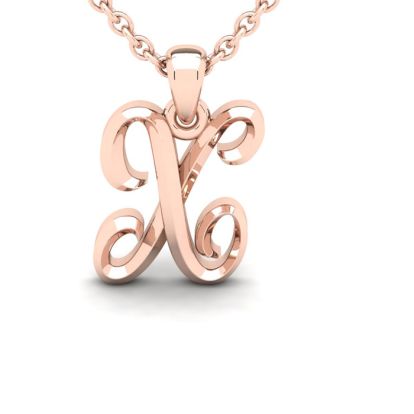 Letter X Swirly Initial Necklace In Heavy Rose Gold With Free 18 Inch Cable Chain