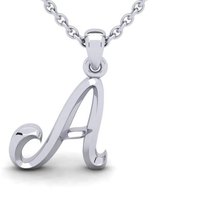 Letter A Swirly Initial Necklace In Heavy 14K White Gold With Free 18 Inch Cable Chain
